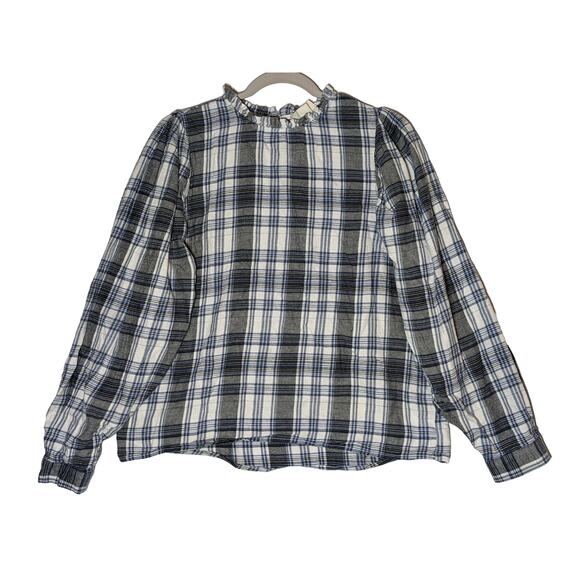 Universal Thread Plaid Flannel Shirt Medium Blue Gray Ruffle Neck Long Sleeves - Picture 8 of 9